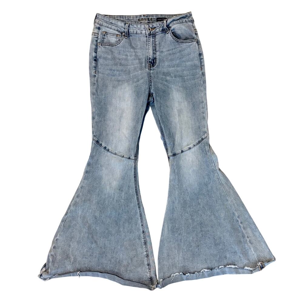 Grace in LA Bell Bottom Hippie Jeans Light Wash Frayed 60s Boho Grunge Festival